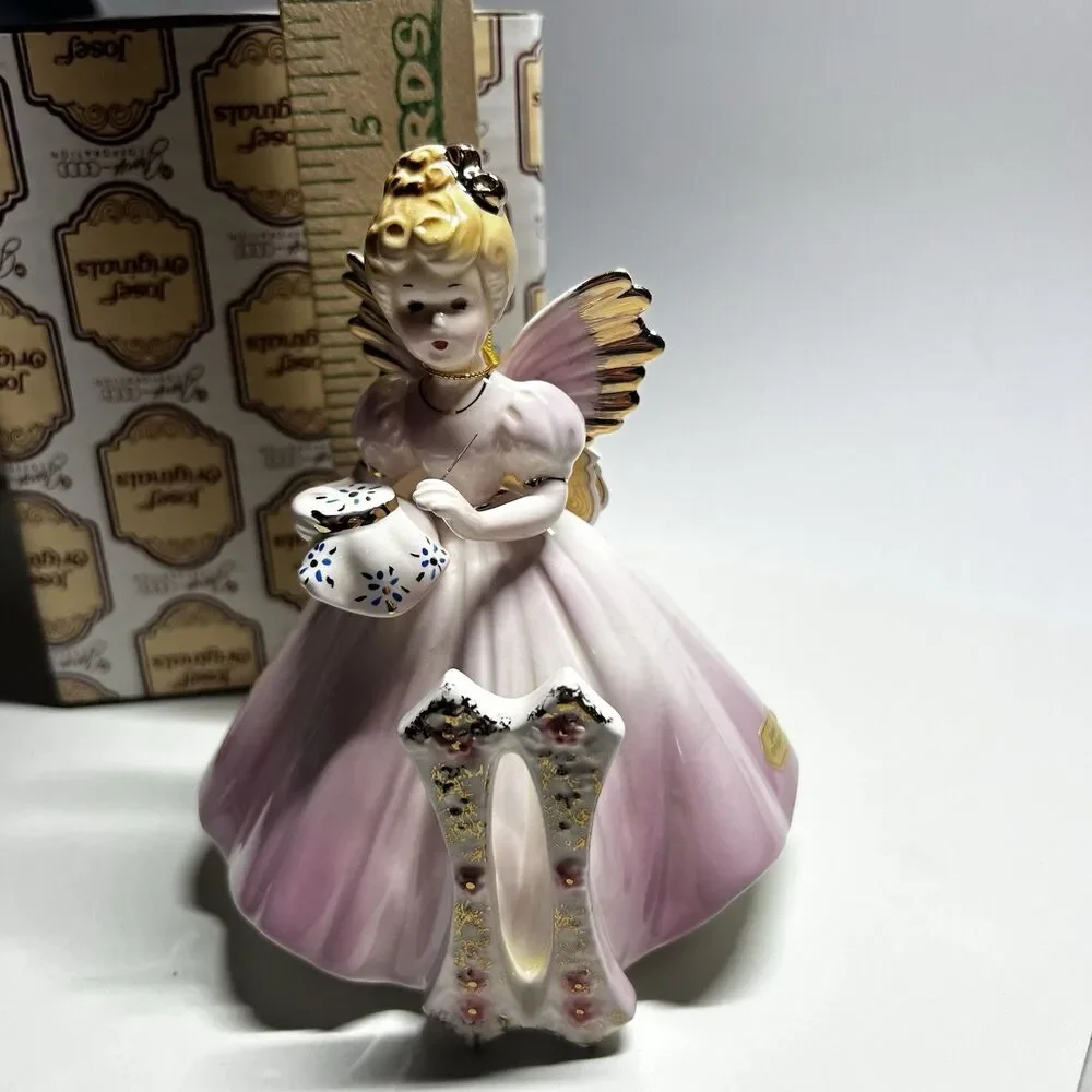 Vtg Josef Originals 11 Year Old Birthday Angel Figurine Sewing Muff Box Pink